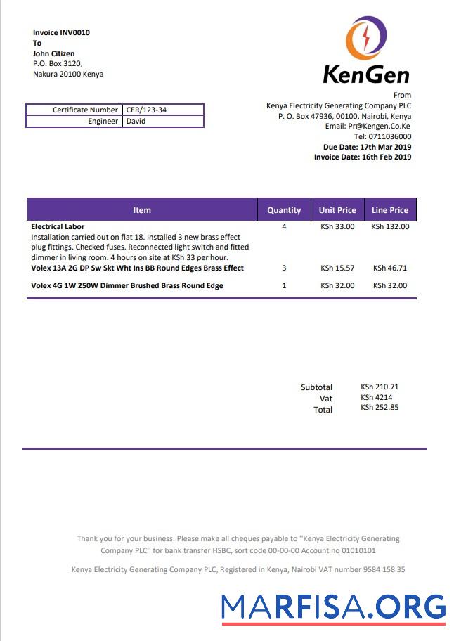 Printable Kenya KenGen Electricity Generating Company utility bill template in Word and PDF format